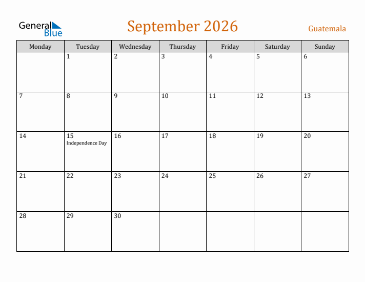 September 2026 Holiday Calendar with Monday Start