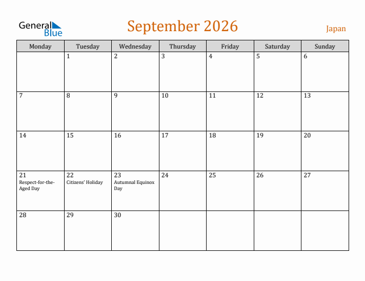 September 2026 Holiday Calendar with Monday Start