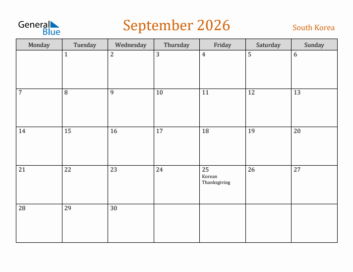 September 2026 Holiday Calendar with Monday Start