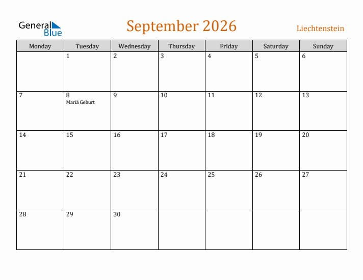 September 2026 Holiday Calendar with Monday Start