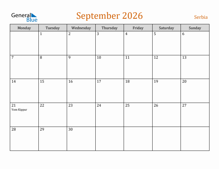 September 2026 Holiday Calendar with Monday Start