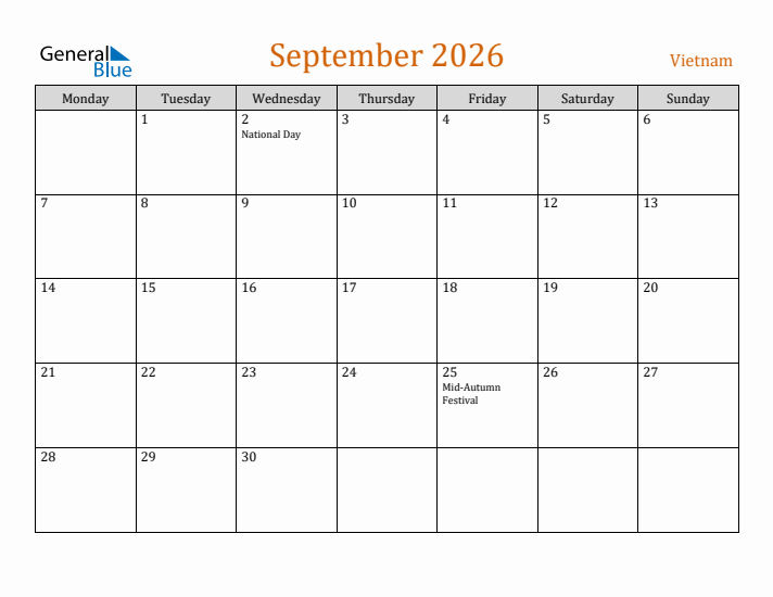 September 2026 Holiday Calendar with Monday Start