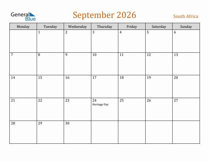 September 2026 Holiday Calendar with Monday Start