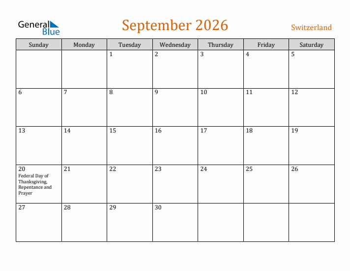 September 2026 Holiday Calendar with Sunday Start