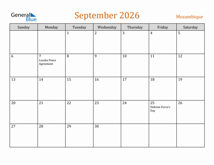 September 2026 Holiday Calendar with Sunday Start