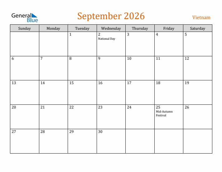 September 2026 Holiday Calendar with Sunday Start