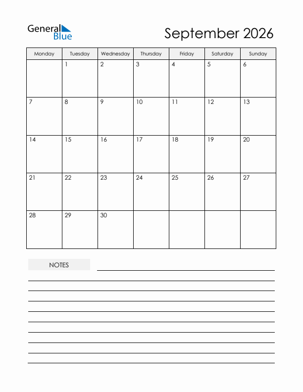 Printable Calendar with Notes - September 2026 