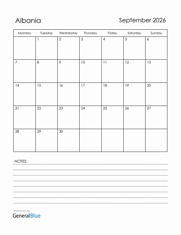 September 2026 Albania Calendar with Holidays (Monday Start)