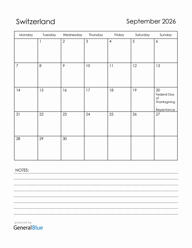 September 2026 Switzerland Calendar with Holidays (Monday Start)