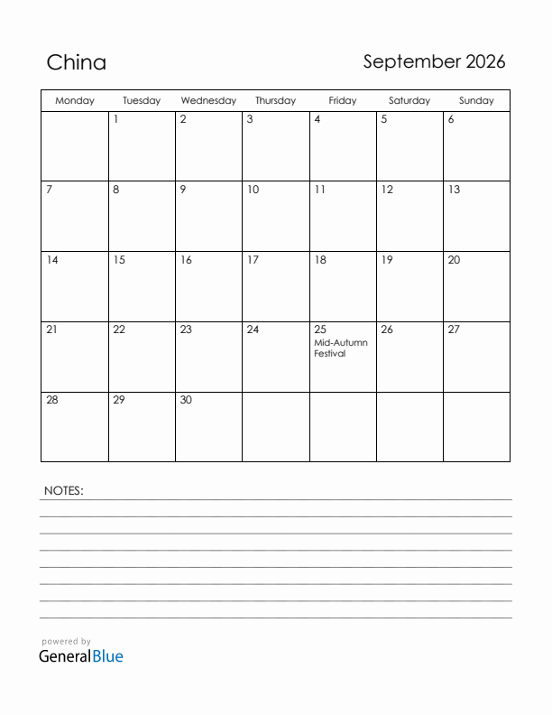 September 2026 China Calendar with Holidays (Monday Start)