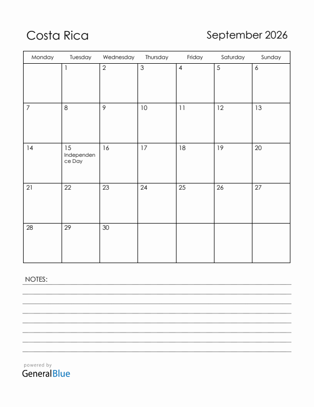 September 2026 Costa Rica Calendar with Holidays (Monday Start)