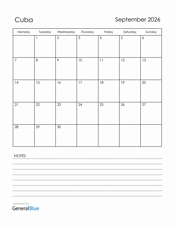 September 2026 Cuba Calendar with Holidays (Monday Start)