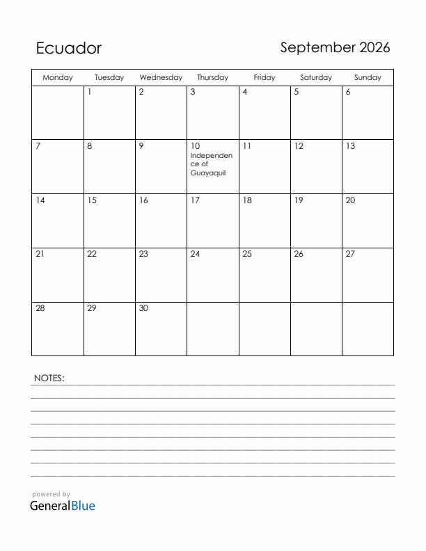 September 2026 Ecuador Calendar with Holidays (Monday Start)