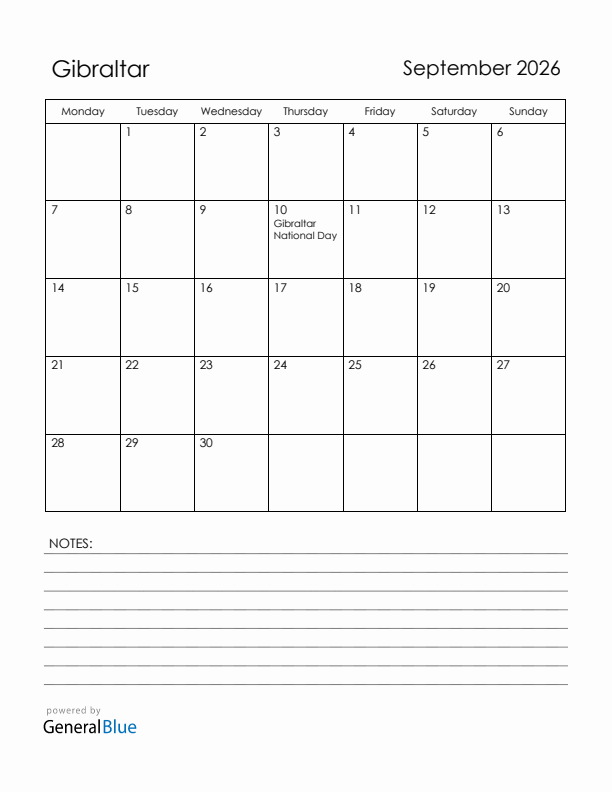 September 2026 Gibraltar Calendar with Holidays (Monday Start)