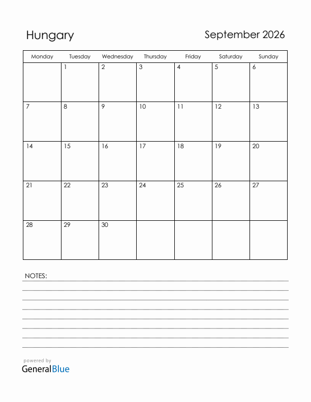 September 2026 Hungary Calendar with Holidays (Monday Start)