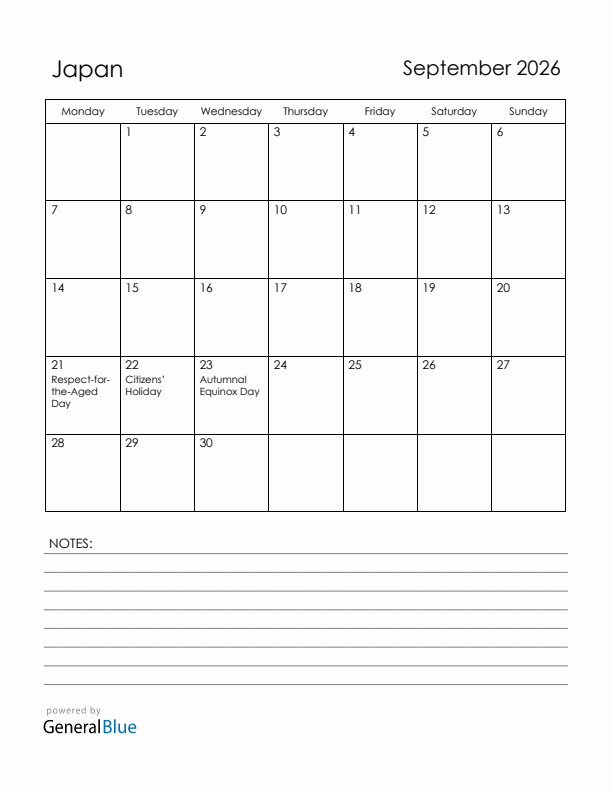 September 2026 Japan Calendar with Holidays (Monday Start)