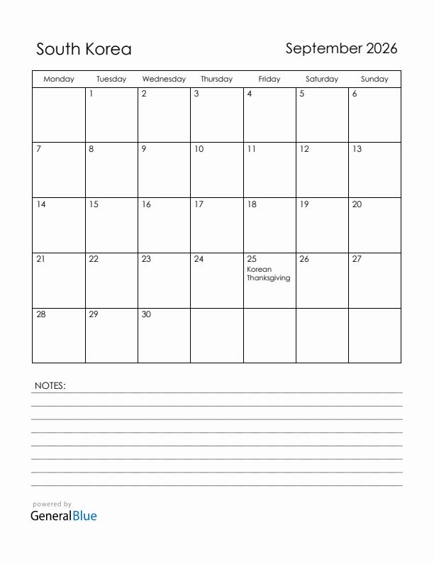 September 2026 South Korea Calendar with Holidays (Monday Start)
