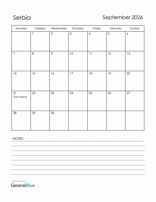 September 2026 Serbia Calendar with Holidays (Monday Start)