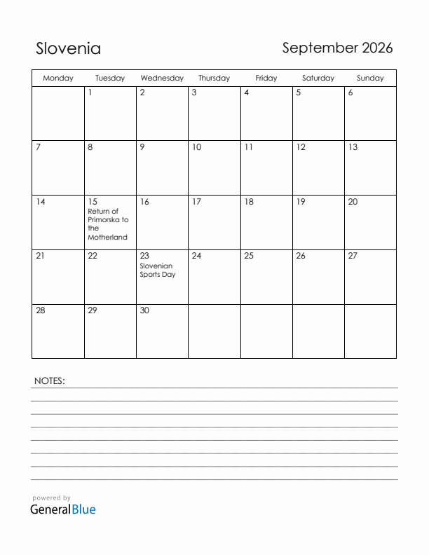 September 2026 Slovenia Calendar with Holidays (Monday Start)