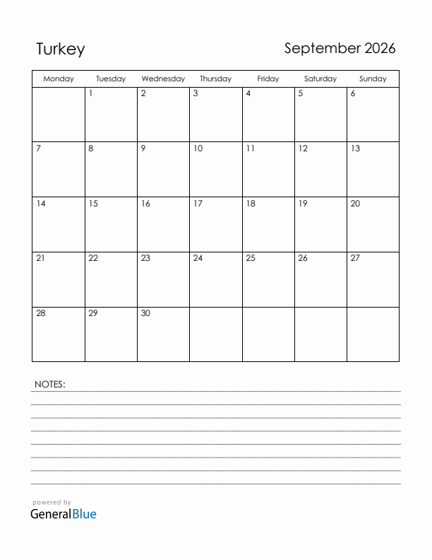 September 2026 Turkey Calendar with Holidays (Monday Start)