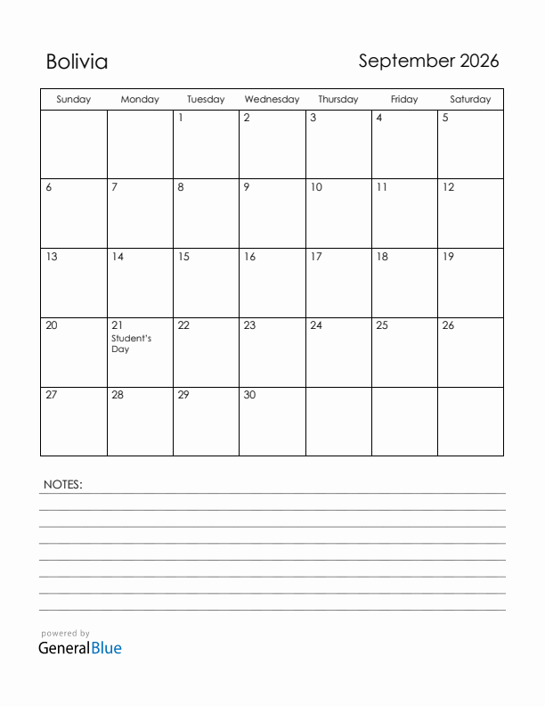 September 2026 Bolivia Calendar with Holidays (Sunday Start)