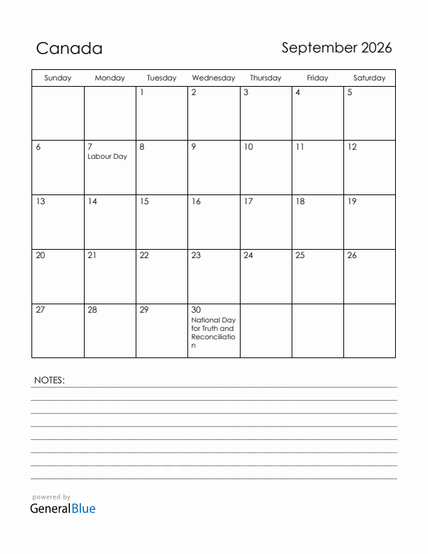 September 2026 Canada Calendar with Holidays (Sunday Start)