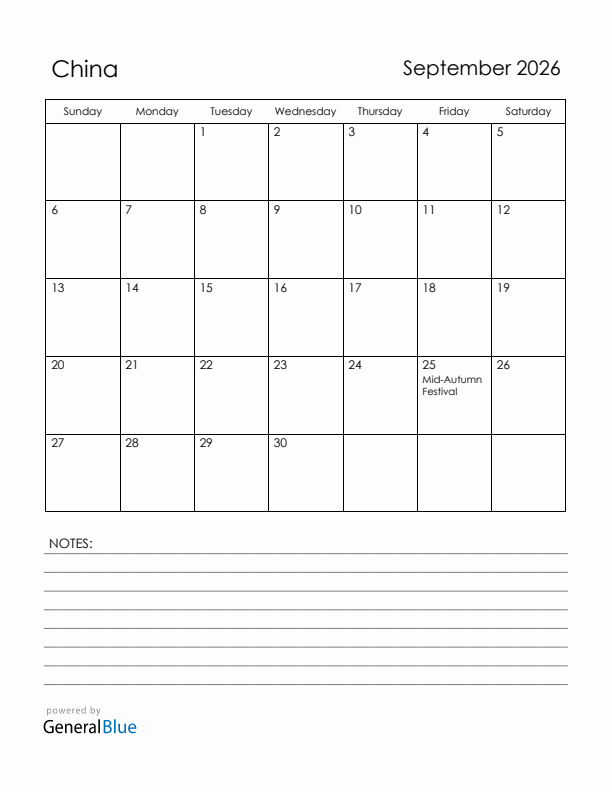 September 2026 China Calendar with Holidays (Sunday Start)