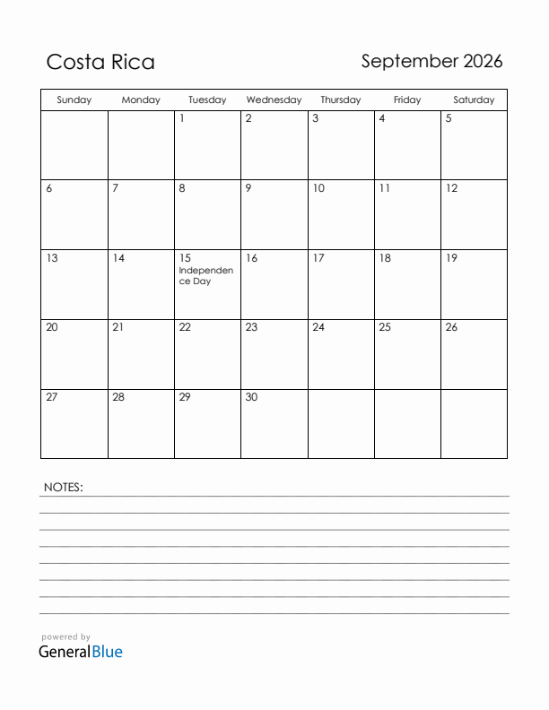 September 2026 Costa Rica Calendar with Holidays (Sunday Start)