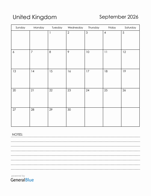 September 2026 United Kingdom Calendar with Holidays (Sunday Start)