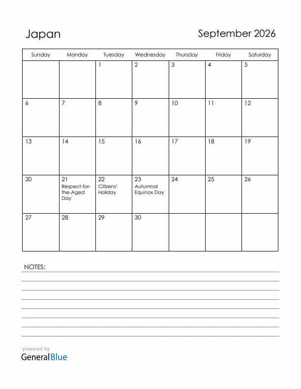 September 2026 Japan Calendar with Holidays (Sunday Start)