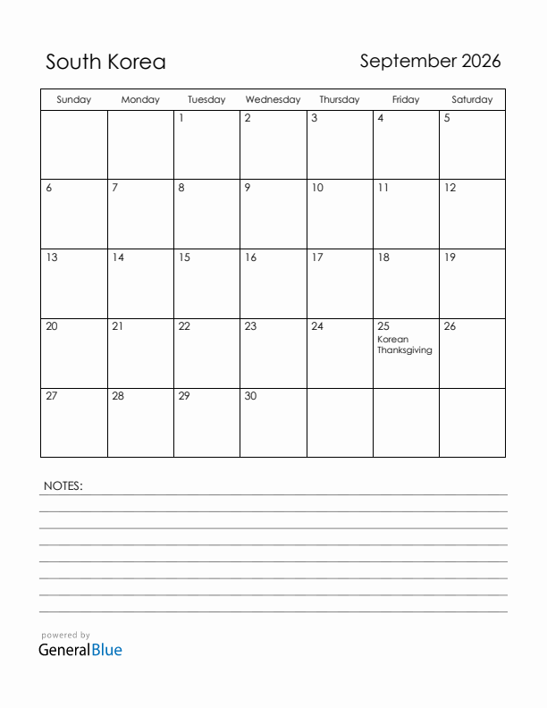 September 2026 South Korea Calendar with Holidays (Sunday Start)