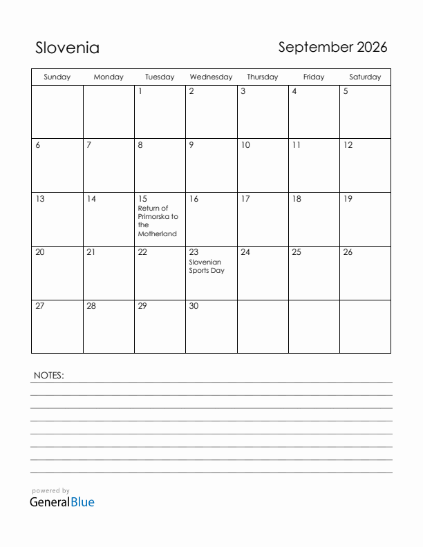 September 2026 Slovenia Calendar with Holidays (Sunday Start)