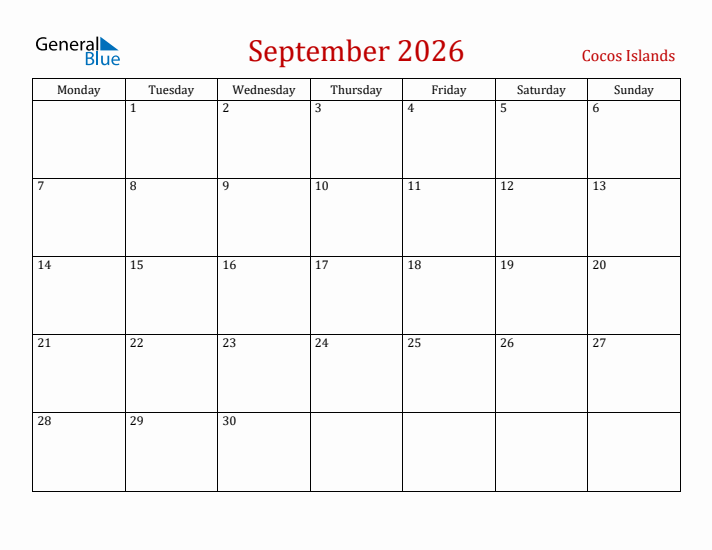 Cocos Islands September 2026 Calendar - Monday Start