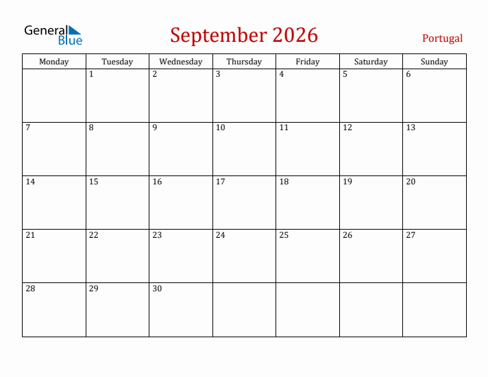 Portugal September 2026 Calendar - Monday Start