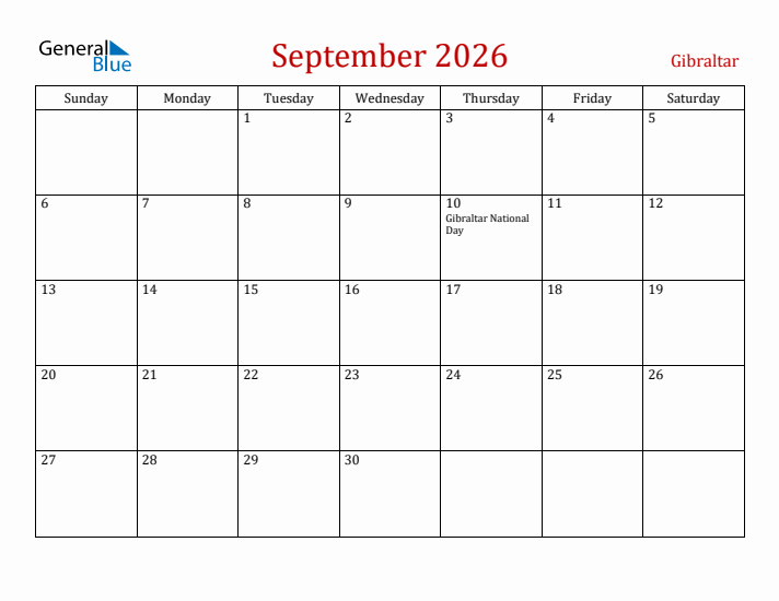 Gibraltar September 2026 Calendar - Sunday Start