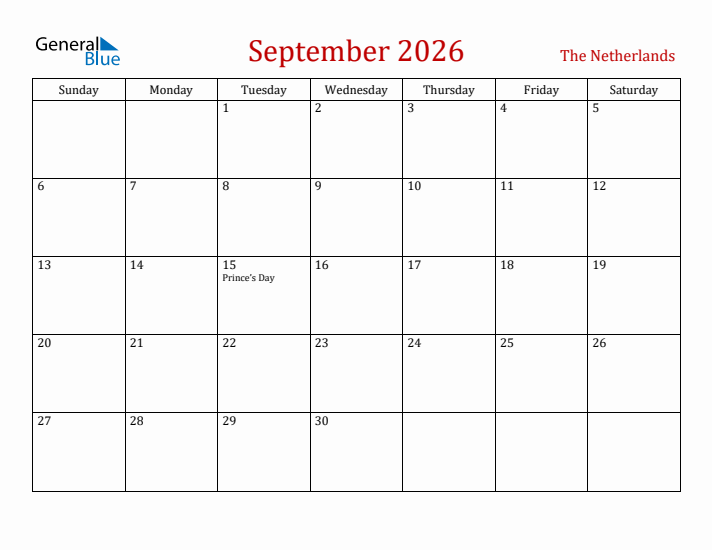 The Netherlands September 2026 Calendar - Sunday Start