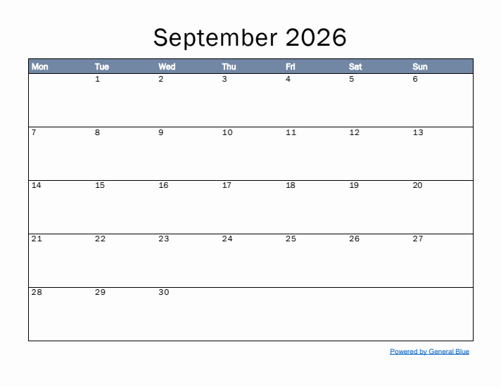 September 2026 Simple Month Calendar Template