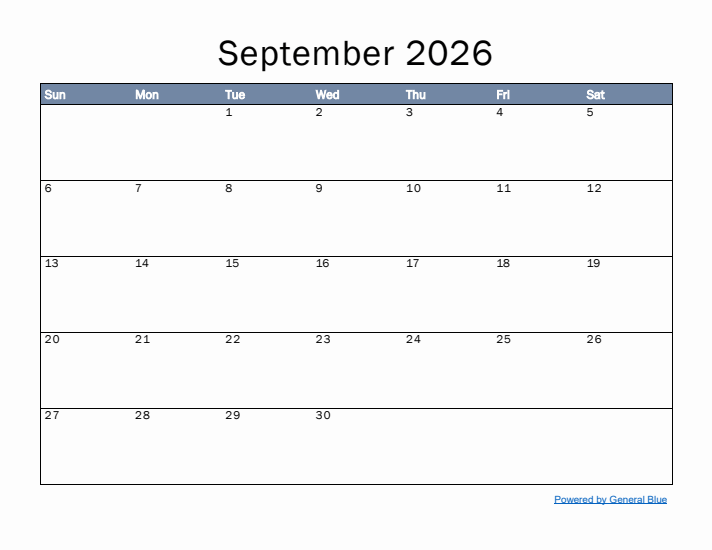 September 2026 Simple Month Calendar Template