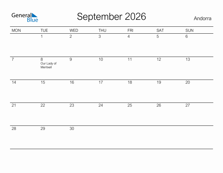 Printable September 2026 Calendar for Andorra