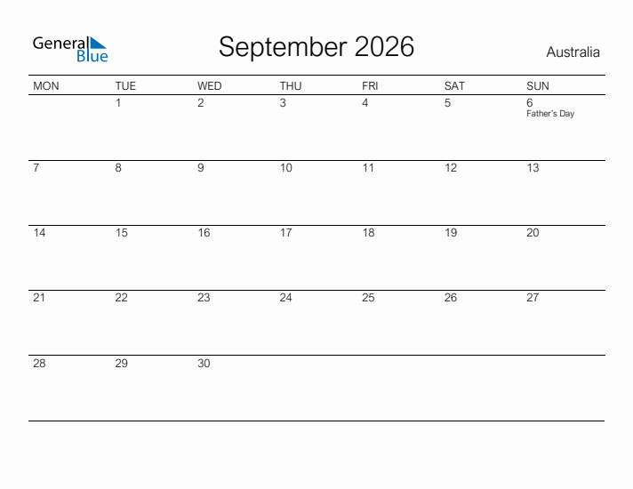 Printable September 2026 Calendar for Australia