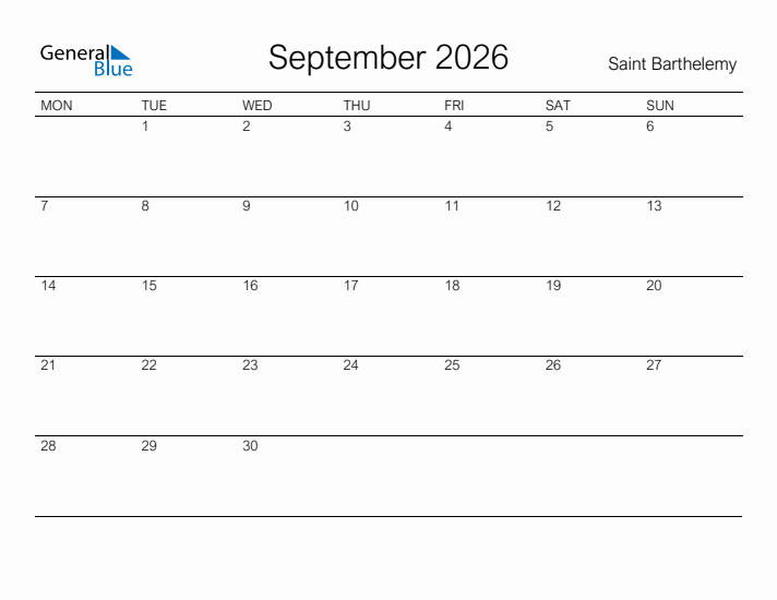 Printable September 2026 Calendar for Saint Barthelemy