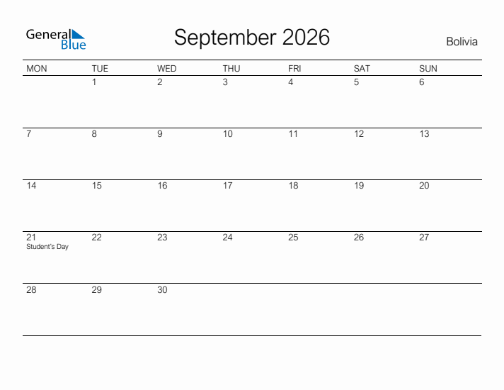 Printable September 2026 Calendar for Bolivia