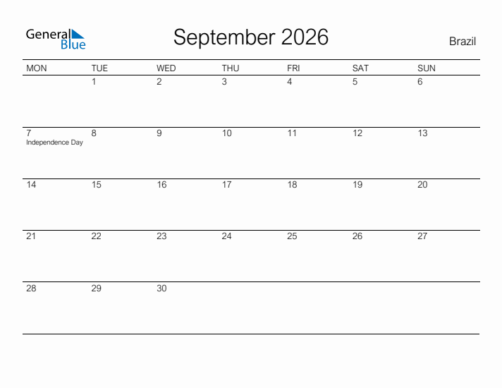 Printable September 2026 Calendar for Brazil