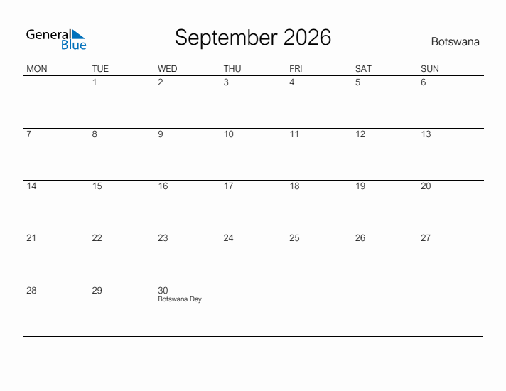 Printable September 2026 Calendar for Botswana