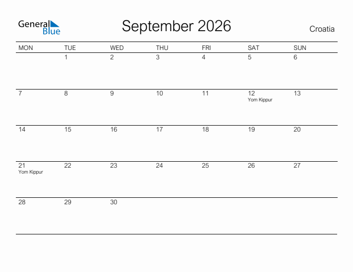 Printable September 2026 Calendar for Croatia