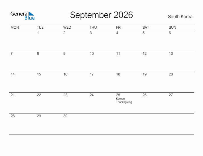 Printable September 2026 Calendar for South Korea