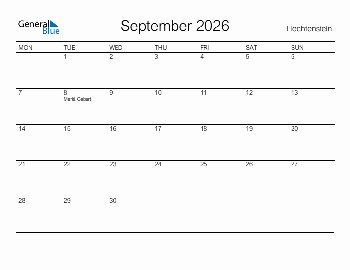 Printable September 2026 Calendar for Liechtenstein