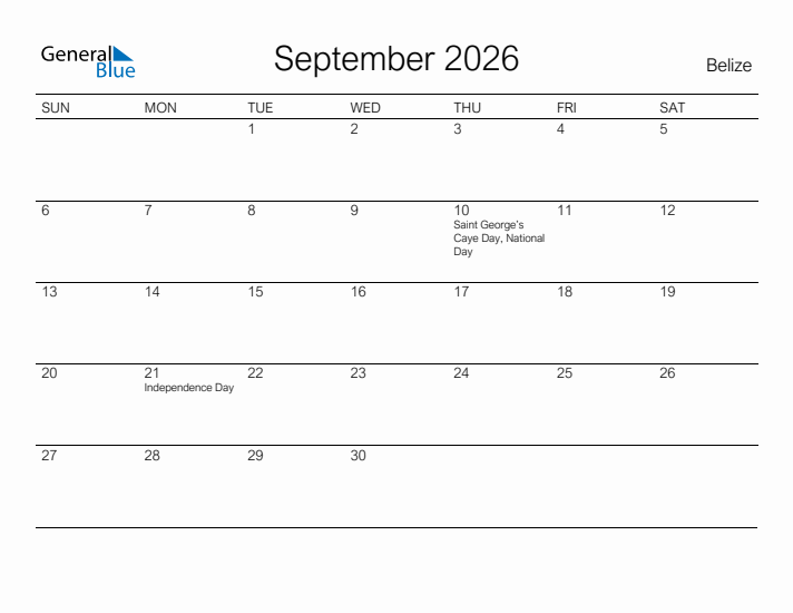 Printable September 2026 Calendar for Belize