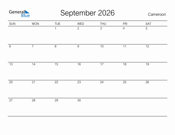 Printable September 2026 Calendar for Cameroon