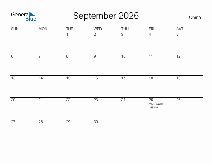 Printable September 2026 Calendar for China